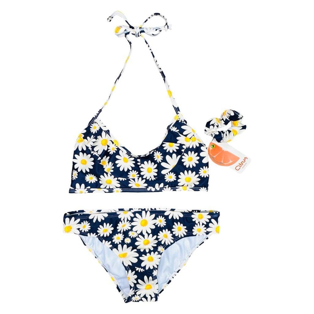 Citrus Daisy Print Bikini + Scrunchie Set - Size 16 Girl’s